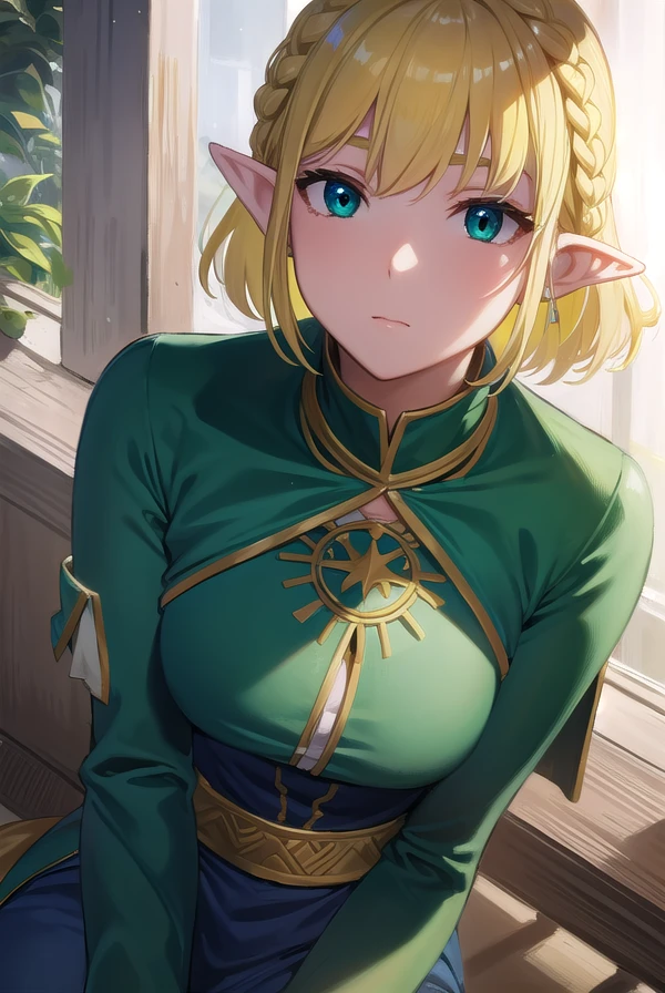 one woman,highest quality,masterpiece,shiny blonde hair,green eyes, look down on, Upper body,hair,Fair skin,good,beautiful breasts,big breasts,from below,underboob,erect nipples,open your mouth,cute face,elf,ponytail,Leafa,