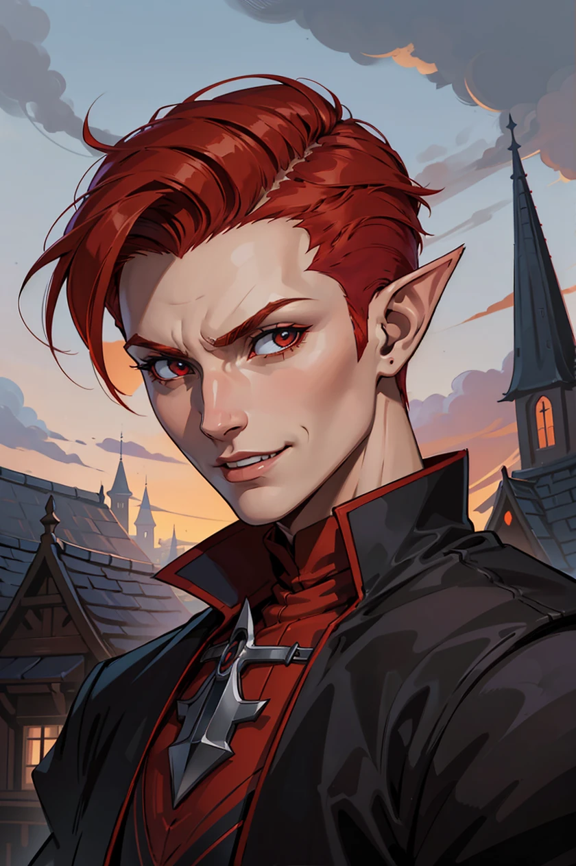(artwork:1.2),(lineart:1.33),young, 1boy,portrait elf vampire mage with undercut red hair, evil grin,in a dark village street,(hyperdefined),(inked-art),epic, red, orange tones,unusual-angle,atmospheric,cartoon,medieval gothic aesthetic,complex lighting,(flat saturated colors),(ultradetailed:1.2),absurdres, (atmosphere), cinematic composition, fine details, perspective, intense, (sharp focus),(lineart:1.33)