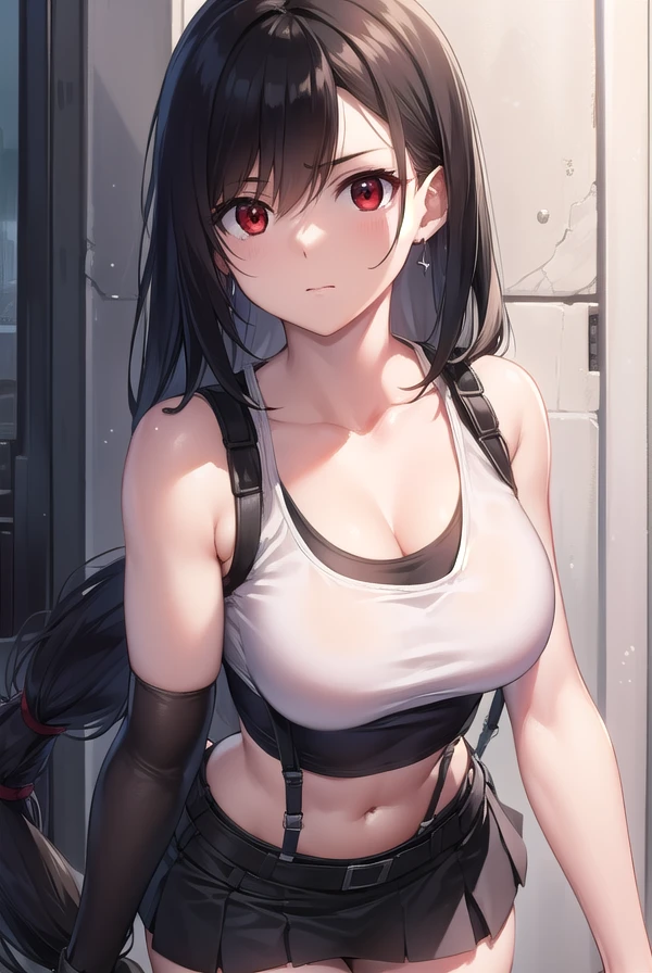 Tifa Lockhart, final fantasy vii remake, 1girl, bangss, bare shoulders​, Black bra, black gloves, A dark-haired, bra very, breastsout,  croptop, earrings, elbowgloves, elbow pad,  fingerless gloves, gloves, greybackground, hair between eye, jewely, large full breasts, Smile, length hair, Materia, Midriff, red eyes, The shirt, sleeveless, sleeveless shirts, solo, suspenders, Tank tops, undergarment、The upper part of the body、white  shirt、white tank tops，(embarrassed,blush:1.3), ,(steam:0.8),(wet:0.8),(sweat:0.8),(trembling:1.3),(parted lips:1.3),(harf open eyes:1.4),(feeling weak:1.5) 