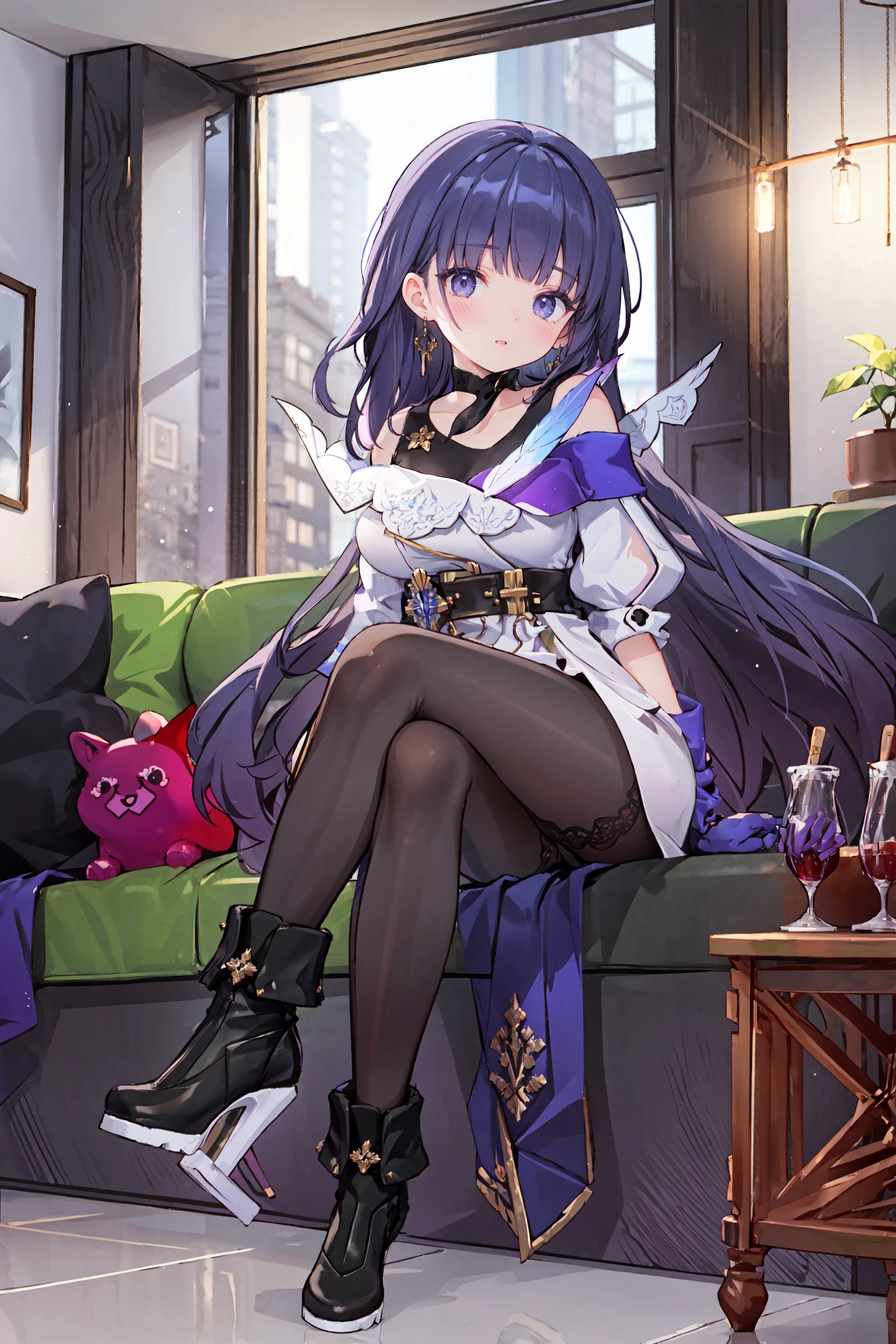 1girl, raiden mei, <lora:Char_Honkai_Raiden_Mei_adult:0.9>, pantyhose, boots, full body, looking at viewer, single glove,  light smile, earrings, dress, choker, tank top, sitting, crossed legs, from below, on couch, windows, living room