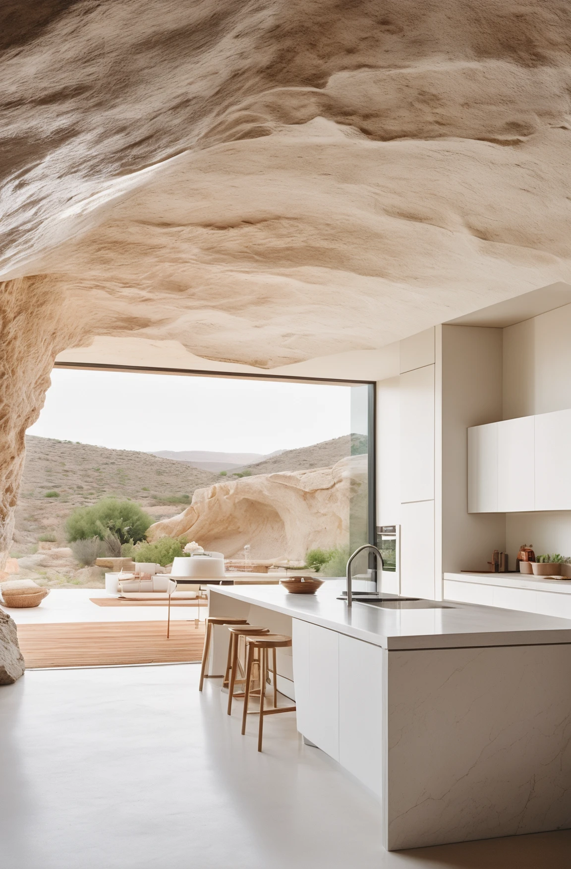 award winning interior photo, photograph, ultra photorealistic, photorealism, film still of inside a modern white spacious (kitchen in a smooth stone cave:1.25), smooth shading, desert, daylight, bright colors, hyper realistic, modern, surreal, lights, minimalistic studio architecture, behance, halation, bloom, dramatic atmosphere, rule of thirds, 8k uhd, dslr, high quality, film grain, Fuji Superia X-TRA 400