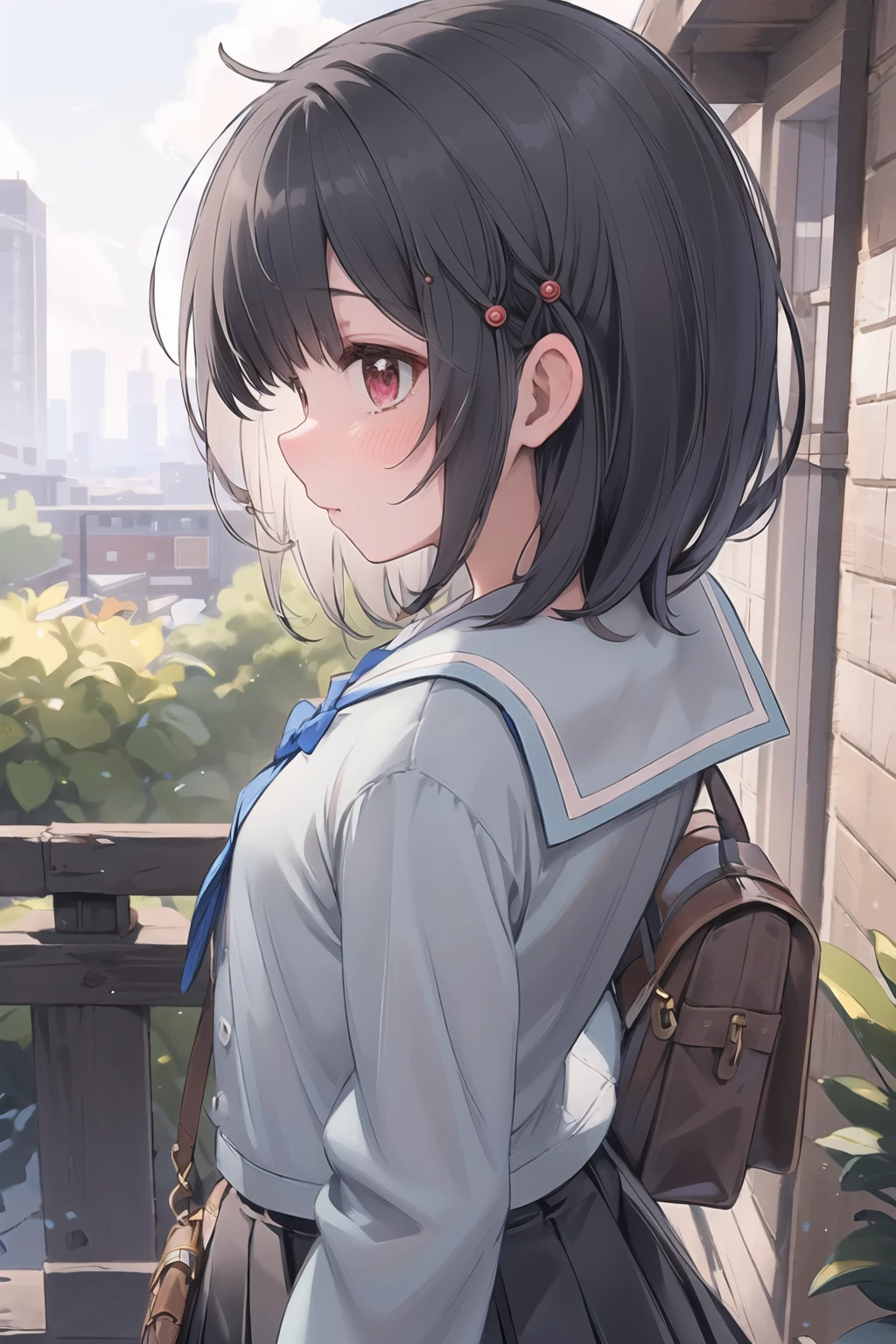 masterpiece, (detailed, highres, best quality), 1girl, vikalahu, black hair, long sleeves, black skirt, school uniform, school bag, blue bow, telephoto shot, loving, Profile View <lora:gbfVikala-10:1>