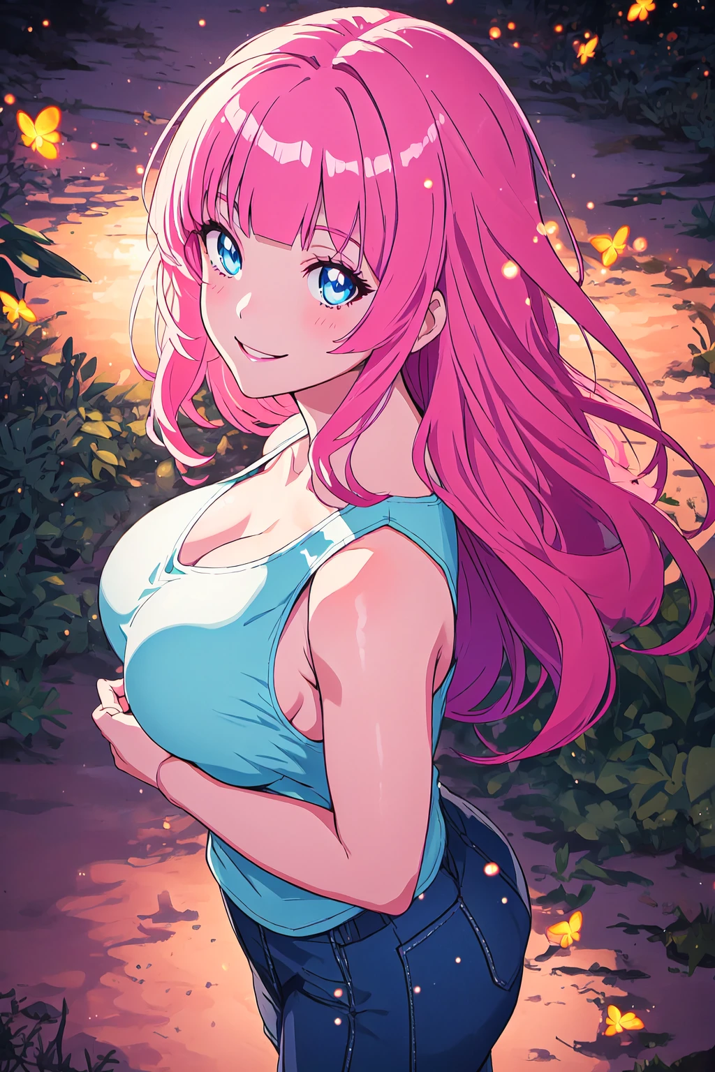 long hair, pink hair, blue eyes, sunset, light particles, fireflies, volumetric lighting, tank top, large breasts, smile, sparkling eyes, blunt bangs looking at viewer, cowboy shot, from above