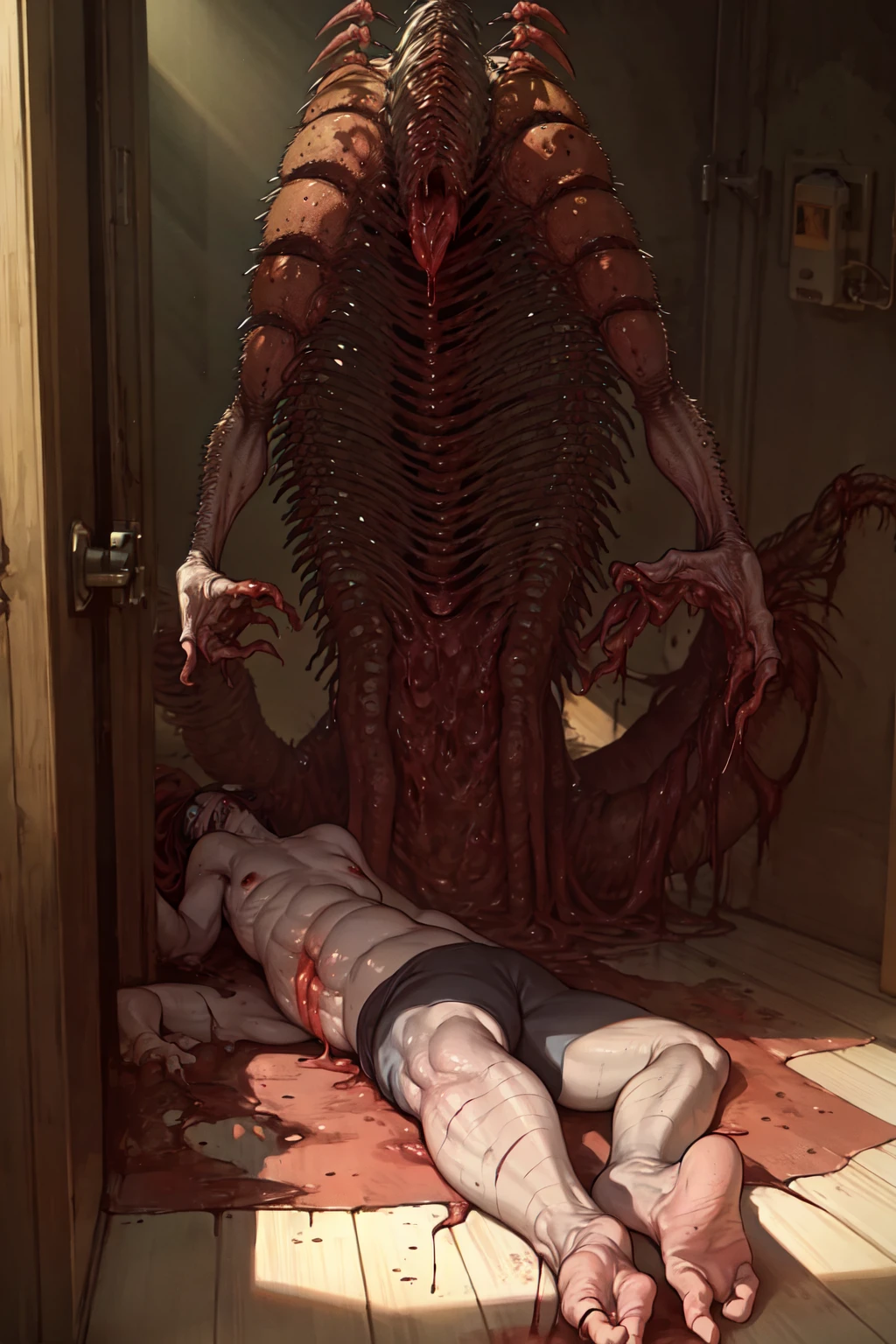 <lora:Reel_WHorror_1_2_9_ReWo_n:1> reelhorror, looking at viewer, ribs, monster, centipede, humanoid, tongue, lying, indoors, dismembered body, flesh, drooling, blood, realistic, messy, pov scene, pov, trash, (8K, best quality, masterpiece:1.2), ultra-detailed