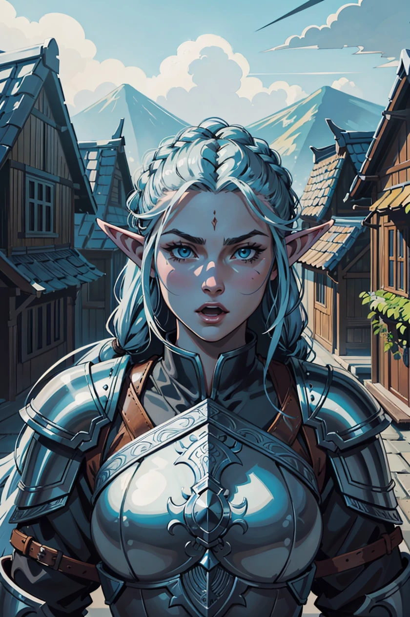 (artwork:1.2),(lineart:1.33), 1woman, portrait viking elf female strong viking with gray braids, open mouth, scars, armor, in a viking village,(hyperdefined),(inked-art),epic, cyan, yellow tones,from above,nordic,cartoon,fantasy aesthetic,complex lighting, clouds, rural setting, (flat saturated colors),(ultradetailed:1.2),absurdres, (atmosphere), cinematic composition, fine details, perspective, intense, (sharp focus),(lineart:1.33)
