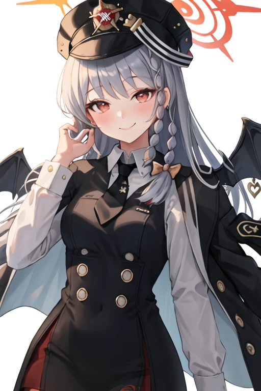best quality, masterpiece, highres, solo, {haruna_bluearchive:1.15}, red_eyes, halo, braid, smile, wings, bangs, long_hair, grey_hair, blush, breasts, bow, white_hair, hair_bow, 1girl, black_headwear, black_necktie, collared_shirt, hat, jacket, necktie, shirt, simple_background, single_wing, white_background, white_shirt, demon_wings, jacket_on_shoulders, long_sleeves, military_hat, side_braid, upper_body