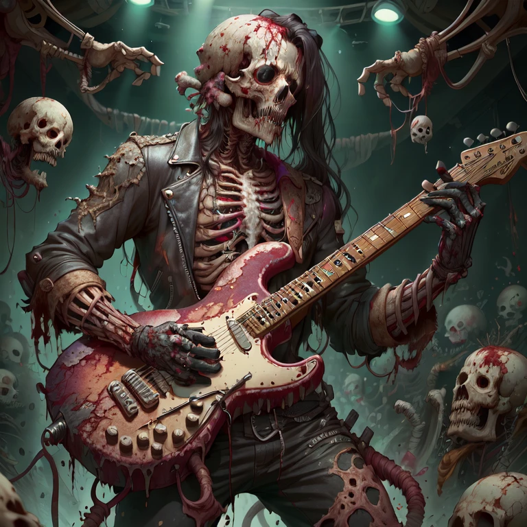 <lora:WorldofUndead:1>, worldofundead, skeletal, rotten flesh, rotting, gore, blood, 1man, standing, playing an electric guitar, long black hair, leather jacket,