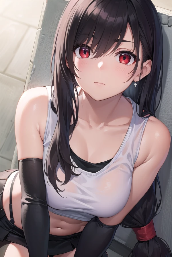 tifalockhart, <lora:tifalockhart-lora-nochekaiser:1>,
tifa lockhart, black hair, long hair, (low-tied long hair:1.5), (red eyes:1.5), swept bangs, single sidelock,
BREAK arm guards, bare shoulders,  black skirt, black sports bra, black thighhighs, collarbone, crop top, earrings, jewelry, midriff, navel, single earring, skirt, sports bra, suspender skirt, suspenders, tank top, teardrop earrings, thighhighs, (white tank top:1.5), zettai ryouiki,
BREAK looking at viewer, full body,
BREAK outdoors,
BREAK <lyco:GoodHands-beta2:1>, (masterpiece:1.2), best quality, high resolution, unity 8k wallpaper, (illustration:0.8), (beautiful detailed eyes:1.6), extremely detailed face, perfect lighting, extremely detailed CG, (perfect hands, perfect anatomy),