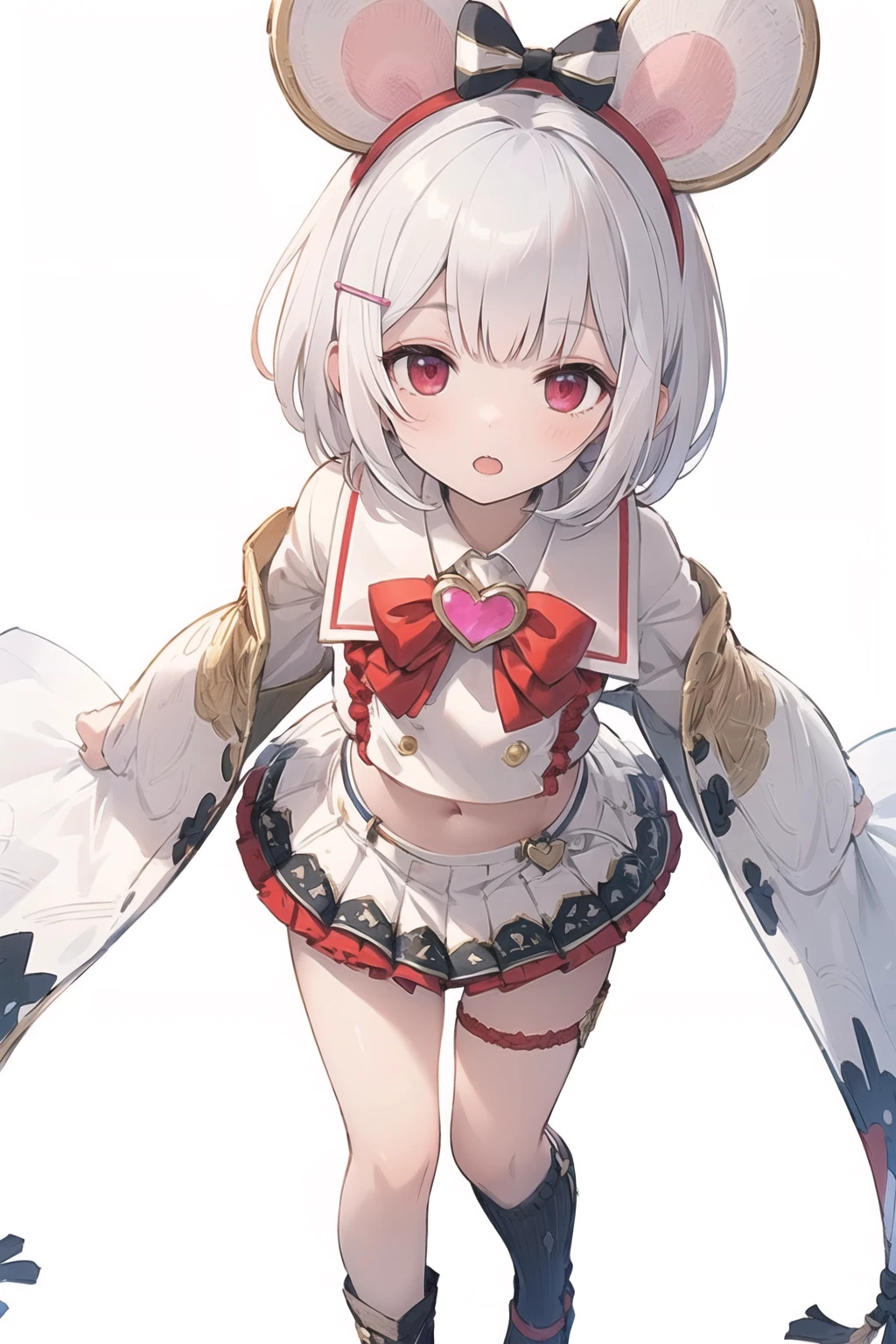 masterpiece, (detailed, highres, best quality), 1girl, vikaladef, white hair, white shirt, crop top, frilled white miniskirt, heart brooch, hairclip, hair bow, buttons, wide sleeves, thigh strap, cape, Extreme long shot, determined, From above <lora:gbfVikala-10:1>