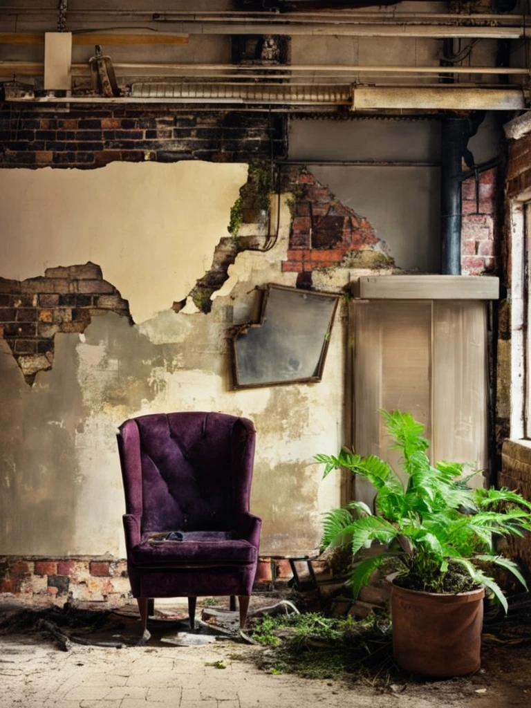 a plum chair sitting in front of a brown brick wall with a plant growing out of it's back, Claire Hummel, overgrown, a still life, neoplasticism<lora:Abandoned:1>