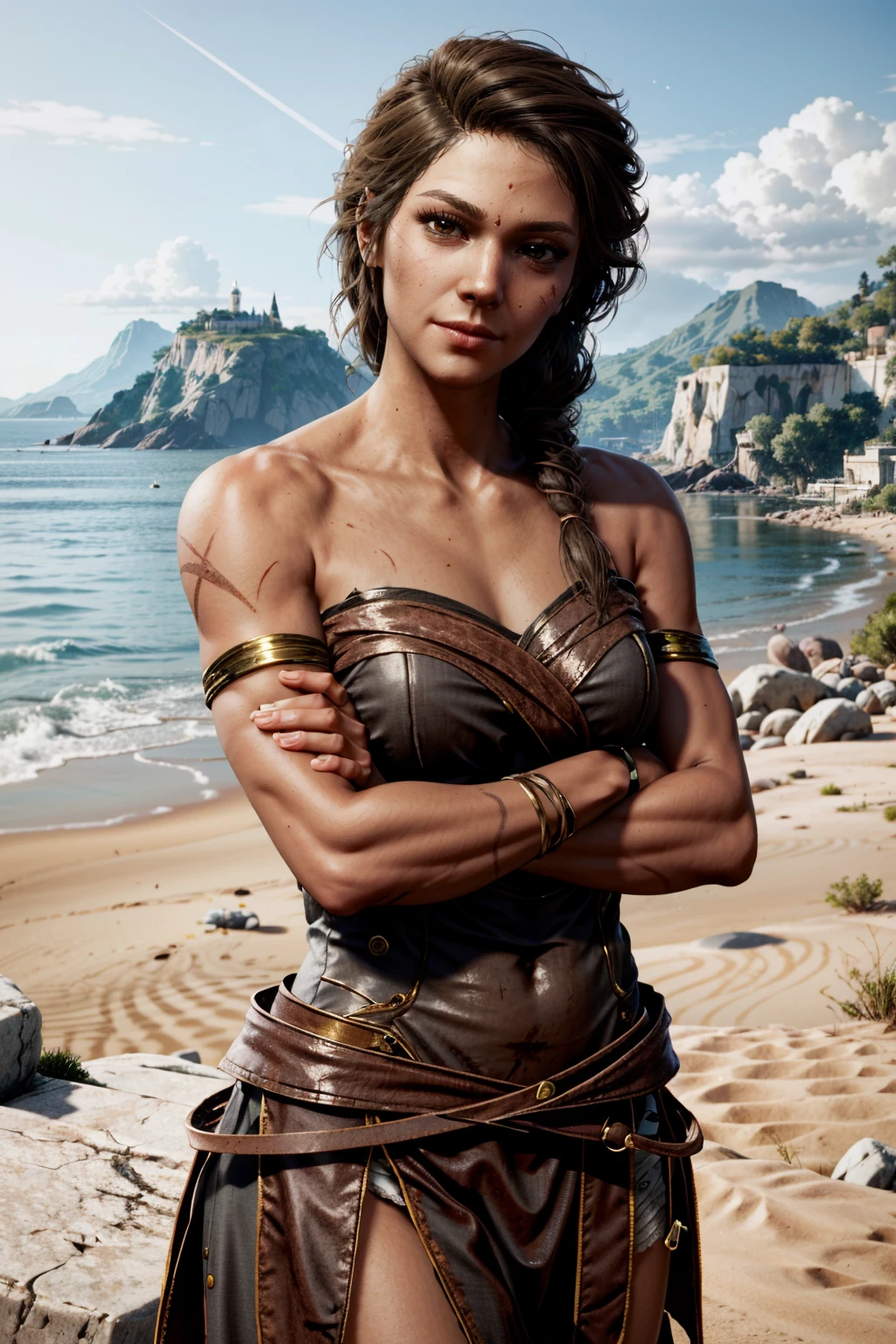 (masterpiece, best quality) <lora:epi_noiseoffset2:1> <lora:add_detail:0.8> <lora:KassandraAssaOdy:0.8>
1girl, KassandraAssaOdy, solo, long hair, looking at viewer, smile, brown hair, bare shoulders, brown eyes, closed mouth, upper body, braid, outdoors, sky, day, dark skin, dark-skinned female, lips, looking to the side, depth of field, scar, crossed arms, hair over shoulder, realistic