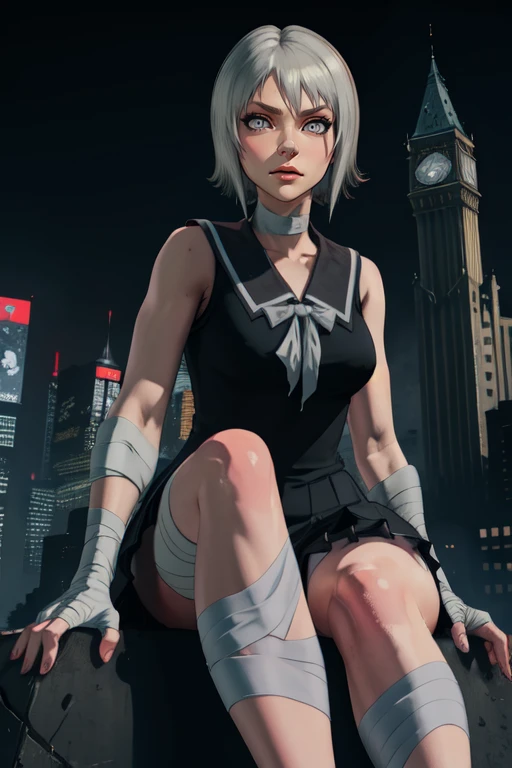 Neon,grey eyes,white hair,
black school uniform,bandages,sleeveless,
night,castle,cyberpunk,looking at viewer,sitting,
(insanely detailed, masterpiece, best quality),
solo,<lora:Neon:0.8>,