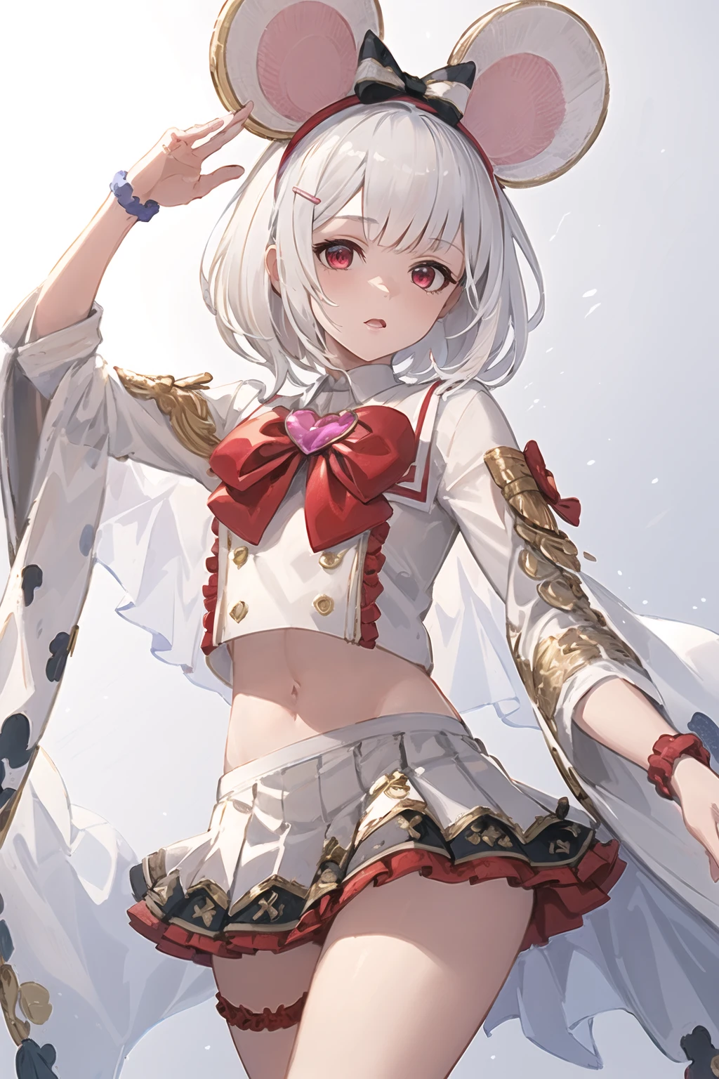masterpiece, (detailed, highres, best quality), 1girl, vvikaladef, white hair, white shirt, crop top, frilled white miniskirt, heart brooch, hairclip, hair bow, buttons, wide sleeves, thigh strap, midriff, cape <lora:gbfVikala-10:1>