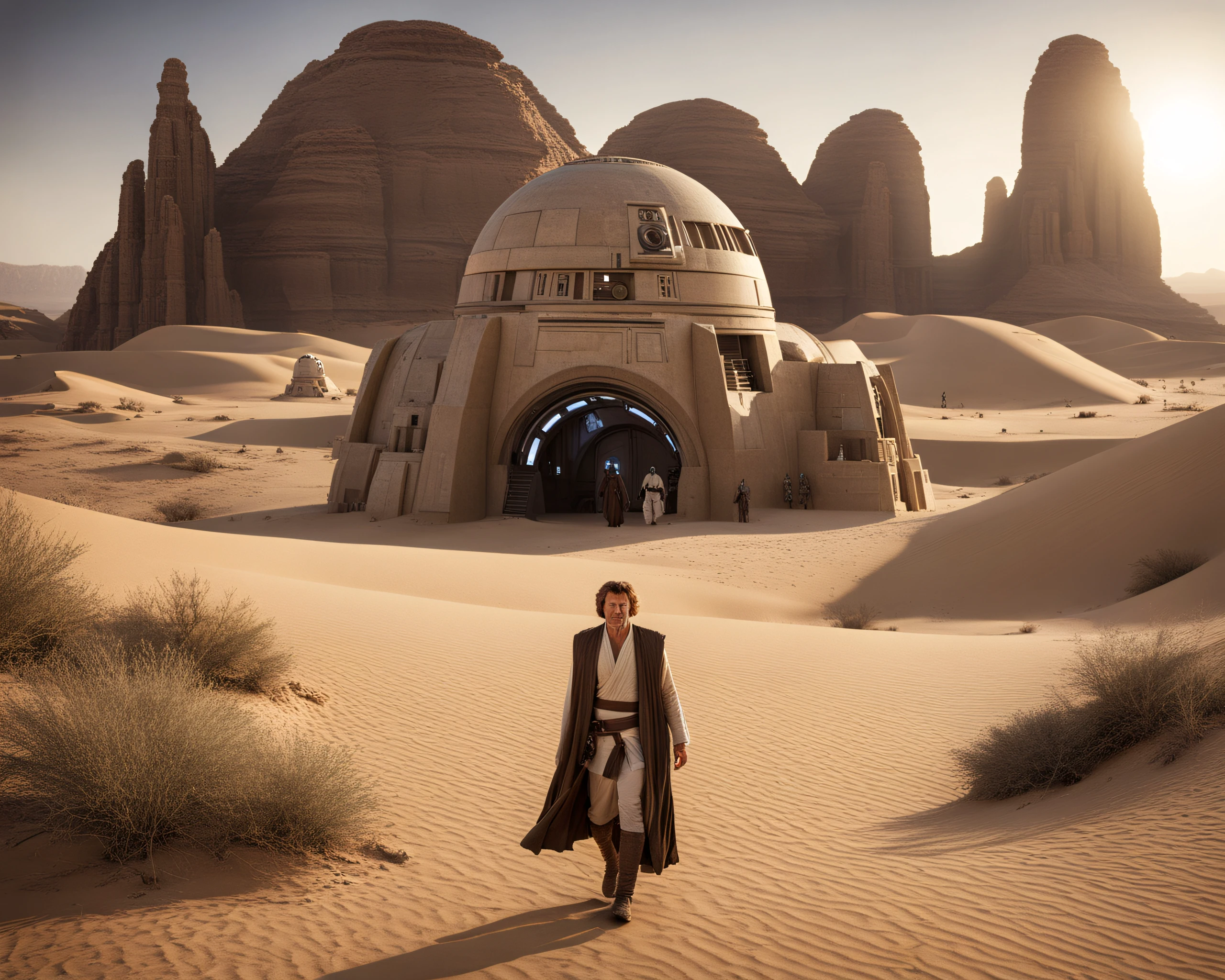 cinematic shot of a jedi walking in tatooine, science fiction, star wars architecture, volumetric lighting, sand, desert,  cinematic lighting, imax, dslr