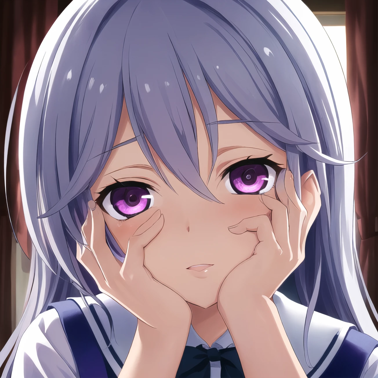 best quality, masterpiece, ultra-detailed, best quality, kazami kazuki, 1girl, long hair, ((silver hair)), purple eyes ,school uniform, yandere trance, yandere, hands on own face,hands on own cheeks, closeup