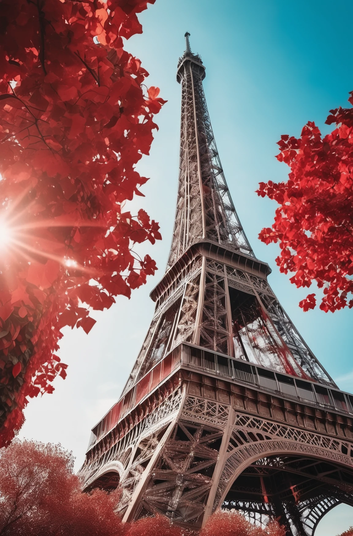 Architecture Photography, eiffel tower, azure and red tones, photo 4k, art work, bright day, 6 k