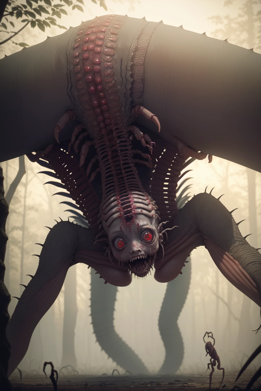 realistic horror and gore scene of a <lora:Reel_WHorror_1_2_9_ReWo_n:1> girl, outdoors, centipede, dismembered, multiple limbs, blood pool, teeth, rim lighting, pov, (8K, RAW photo, best quality:1.2, masterpiece:1.2), (realistic, photo-realistic:1.2), ultra-detailed,