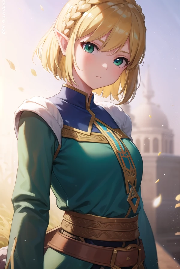 princesszelda, <lora:princesszelda-lora-nochekaiser:1>,
princess zelda, blonde hair, (green eyes:1.5), pointy ears, hair ornament, hairclip, parted bangs, short hair, crown braid,
BREAK braid, capelet, long sleeves, dress, blue dress, pants, black pants,
BREAK looking at viewer, full body,
BREAK outdoors,
BREAK <lyco:GoodHands-beta2:1>, (masterpiece:1.2), best quality, high resolution, unity 8k wallpaper, (illustration:0.8), (beautiful detailed eyes:1.6), extremely detailed face, perfect lighting, extremely detailed CG, (perfect hands, perfect anatomy),