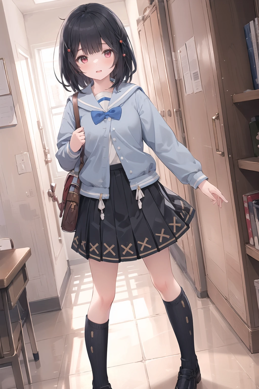 masterpiece, (detailed, highres, best quality), 1girl, vikalahu, black hair, long sleeves, black skirt, school uniform, school bag, blue bow, full body, Dutch angle, afraid, From bellow <lora:gbfVikala-10:1>