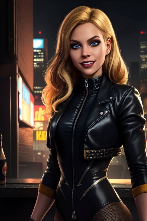 Dinah, blue eyes, blonde hair,
black body suit, zipper, black cropped jacket,
Gotham city, night, bar, looking at viewer,
(insanely detailed, masterpiece, best quality),smile, standing, upper body,
solo, <lora:BlackC:0.7>
