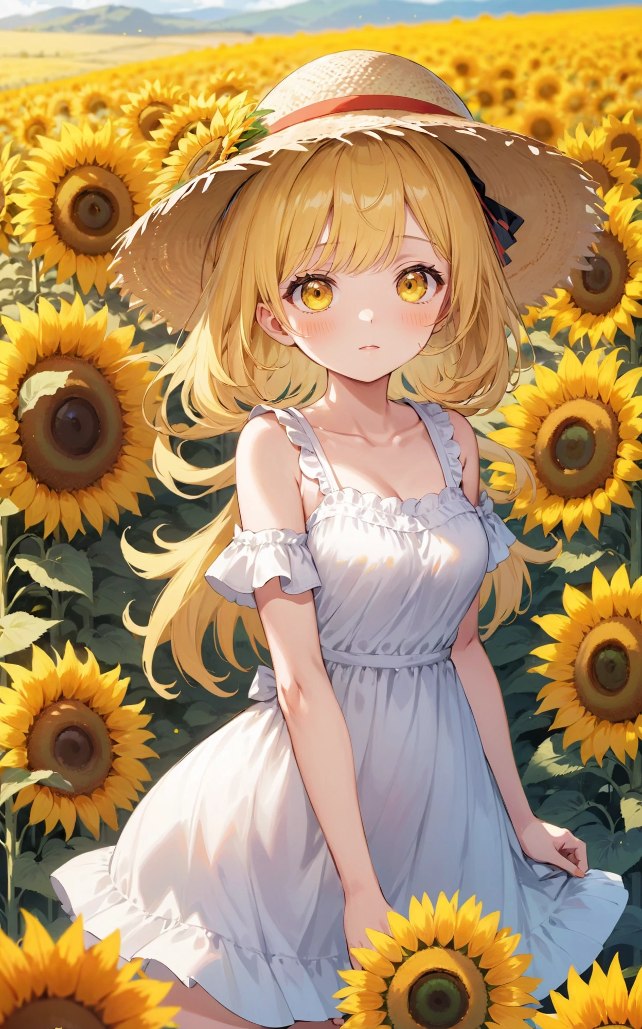 , sweat, smile, blonde, long hair, white dress, flat chest, straw hat, summer, blue sky, white clouds, sunflower, nympho, skirt flip, contrail