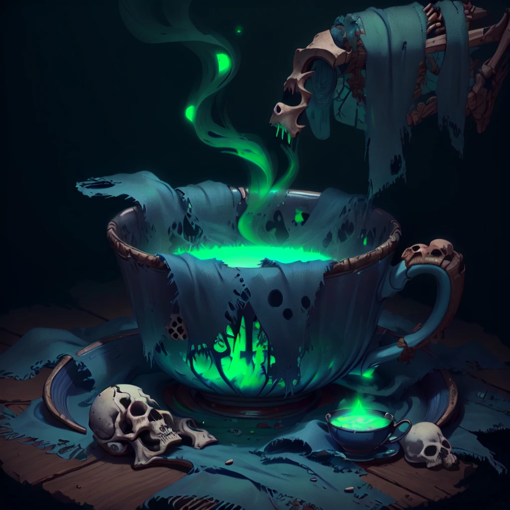 <lora:WorldofSigmarnighthaunts:1>, worldofsignighthaunts, skeletal, tattered rags, green glowing aura, floating island, waterfall , clouds, volumetric lighting,