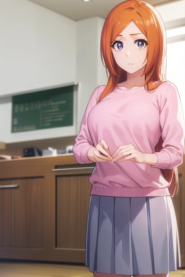 inoueorihime, <lora:originalinoueorihime-lora-nochekaiser:1>,
inoue orihime, long hair, orange hair, (grey eyes:1.5),
BREAK sweater, (pink sweater:1.5), long sleeves, puffy sleeves, skirt, blue skirt, long skirt,
BREAK looking at viewer, full body,
BREAK indoors, classroom,
BREAK <lyco:GoodHands-beta2:1>, (masterpiece:1.2), best quality, high resolution, unity 8k wallpaper, (illustration:0.8), (beautiful detailed eyes:1.6), extremely detailed face, perfect lighting, extremely detailed CG, (perfect hands, perfect anatomy),