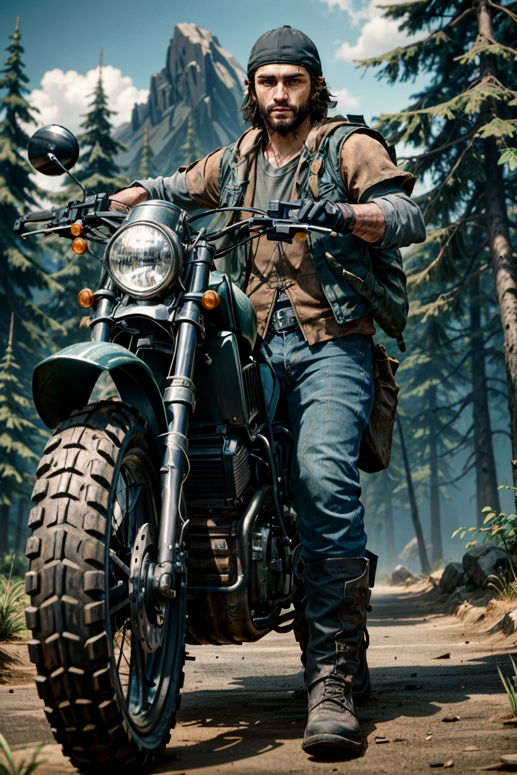 (masterpiece, best quality) <lora:epi_noiseoffset2:1> <lora:add_detail:0.8> <lora:DeekDG:0.8>
DeekDG, solo, brown hair, shirt, black hair, gloves, 1boy, weapon, male focus, boots, outdoors, pants, bag, vest, tree, gun, night, facial hair, backpack, denim, ground vehicle, nature, motor vehicle, beard, forest, jeans, bandana, motorcycle, on motorcycle