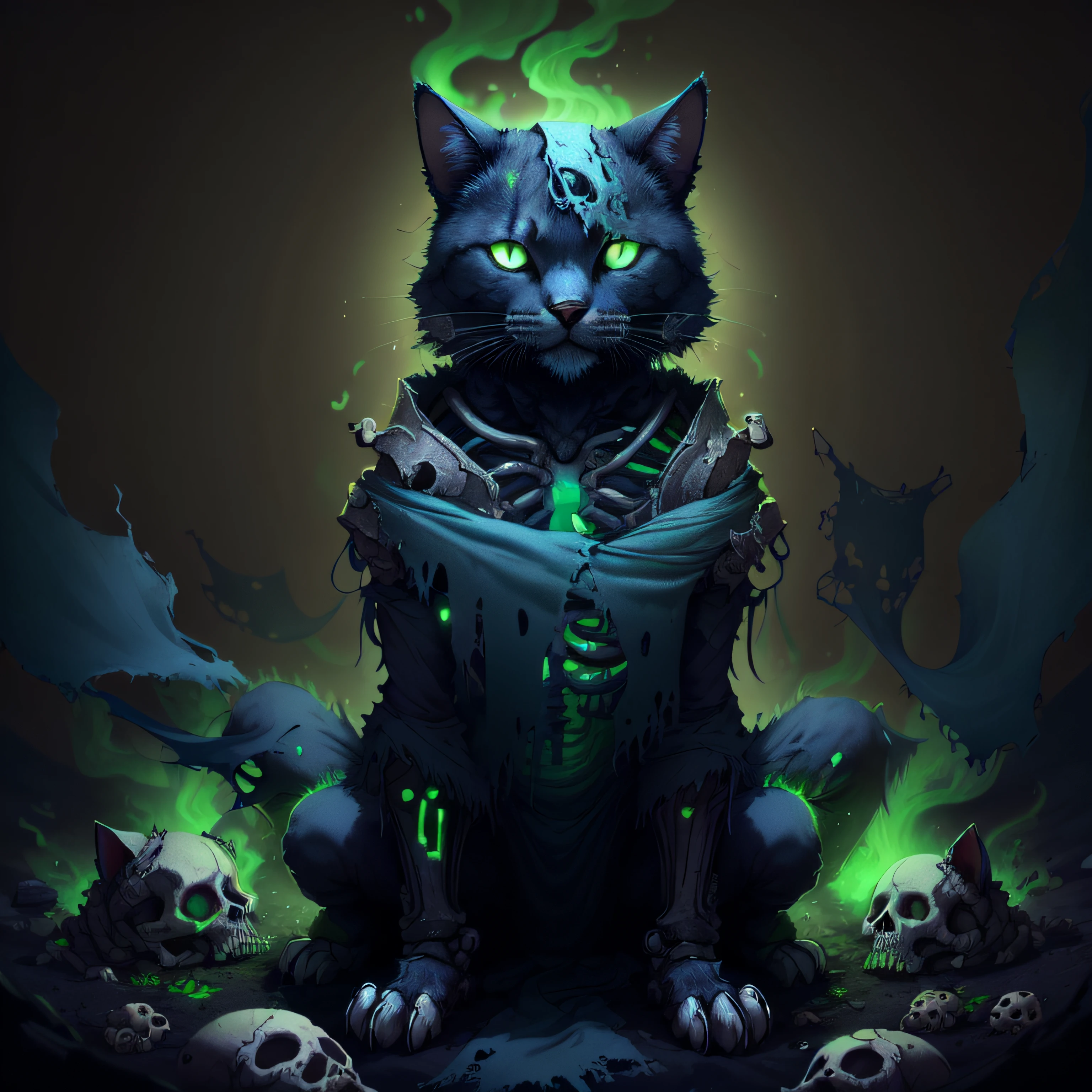<lora:WorldofSigmarnighthaunts:1>, worldofsignighthaunts, skeletal, tattered rags, green glowing aura, cat, volumetric lighting,