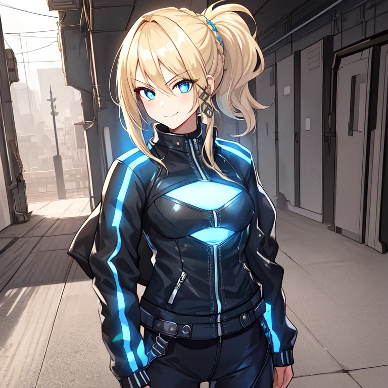 {1girl}, determined, biker jacket, casual pants, masterpiece, smirking, perfect detailed on hands, illustration, beautiful-detailed eyes, {{cinematic light}}, ultra detailed, {medium hair}, {katana}, hallway, small breasts, blonde hair with highlights, futuristic city, industrial, monitors, open area,}}} from front, eye focus, determined, determined look, {glowing blue eyes}, braided ponytail,