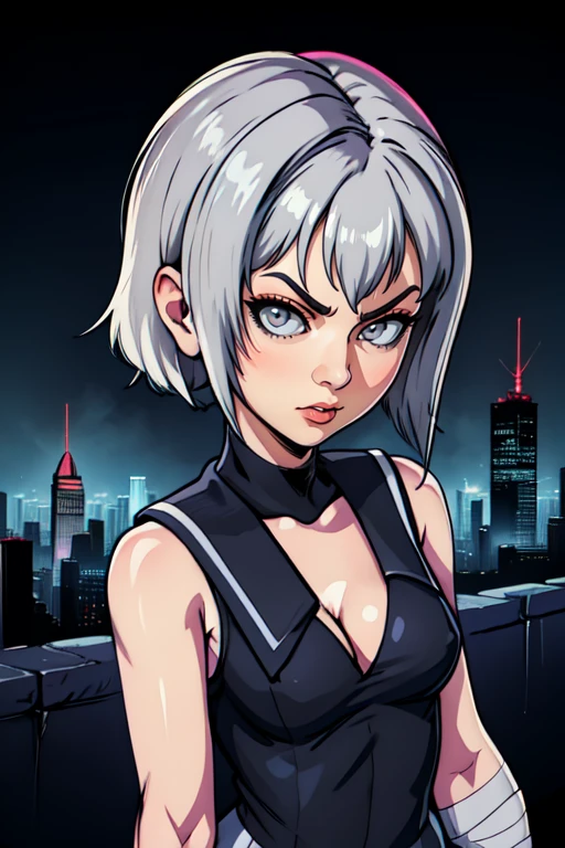 Neon,grey eyes,white hair, cleavage, small breasts, serious,
black school uniform,bandages, sleeveless,
night,castle,cyberpunk,looking at viewer,
(insanely detailed, masterpiece, best quality),
solo,<lora:Neon:0.8>,