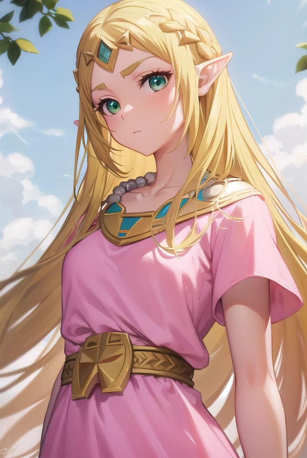 princesszelda, <lora:princesszelda-lora-nochekaiser:1>,
princess zelda, blonde hair, (green eyes:1.5), pointy ears, long hair, parted bangs,
BREAK bead necklace, beads, belt, bracer, cape, circlet, collarbone, dress, earrings, jewelry, necklace, triforce, triforce earrings, v-shaped eyebrows, white cape, (pink dress:1.5),
BREAK looking at viewer, full body,
BREAK outdoors,
BREAK <lyco:GoodHands-beta2:1>, (masterpiece:1.2), best quality, high resolution, unity 8k wallpaper, (illustration:0.8), (beautiful detailed eyes:1.6), extremely detailed face, perfect lighting, extremely detailed CG, (perfect hands, perfect anatomy),