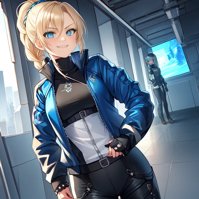 {1girl}, determined, biker jacket, casual pants, masterpiece, smirking, perfect detailed on hands, illustration, beautiful-detailed eyes, {{cinematic light}}, ultra detailed, {medium hair}, {katana}, hallway, small breasts, blonde hair with highlights, futuristic city, industrial, monitors, open area,}}} from front, eye focus, determined, determined look, {glowing blue eyes}, braided ponytail,