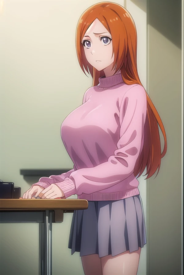 inoueorihime, <lora:originalinoueorihime-lora-nochekaiser:1>,
inoue orihime, long hair, orange hair, (grey eyes:1.5),
BREAK sweater, (pink sweater:1.5), long sleeves, puffy sleeves, skirt, blue skirt, long skirt,
BREAK looking at viewer, full body,
BREAK indoors, classroom,
BREAK <lyco:GoodHands-beta2:1>, (masterpiece:1.2), best quality, high resolution, unity 8k wallpaper, (illustration:0.8), (beautiful detailed eyes:1.6), extremely detailed face, perfect lighting, extremely detailed CG, (perfect hands, perfect anatomy),