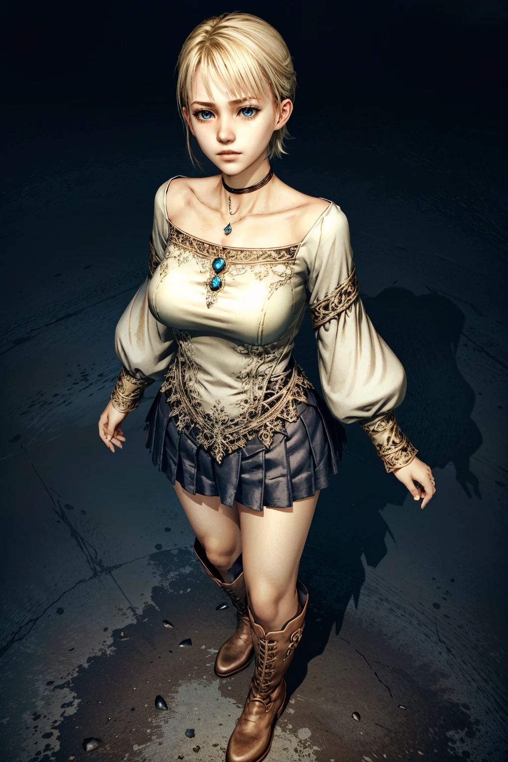 (masterpiece, best quality) <lora:epi_noiseoffset2:1> <lora:add_detail:0.8> <lora:FionaHauntingGround:0.8>
1girl, FionaHauntingGround, solo, looking at viewer, short hair, blue eyes, skirt, blonde hair, long sleeves, jewelry, standing, collarbone, full body, pleated skirt, boots, miniskirt, necklace, from above, knee boots, gem, pendant