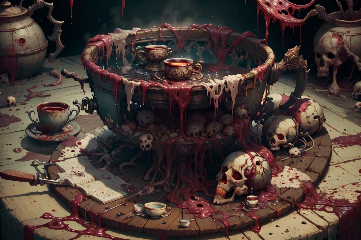 <lora:WorldofUndead:1>, worldofundead, rotten flesh, rotting, gore, blood, teacup on a table