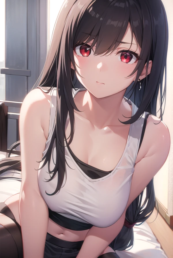 tifalockhart, <lora:tifalockhart-lora-nochekaiser:1>,
tifa lockhart, black hair, long hair, (low-tied long hair:1.5), (red eyes:1.5), swept bangs, single sidelock,
BREAK arm guards, bare shoulders,  black skirt, black sports bra, black thighhighs, collarbone, crop top, earrings, jewelry, midriff, navel, single earring, skirt, sports bra, suspender skirt, suspenders, tank top, teardrop earrings, thighhighs, (white tank top:1.5), zettai ryouiki,
BREAK looking at viewer, full body,
BREAK outdoors,
BREAK <lyco:GoodHands-beta2:1>, (masterpiece:1.2), best quality, high resolution, unity 8k wallpaper, (illustration:0.8), (beautiful detailed eyes:1.6), extremely detailed face, perfect lighting, extremely detailed CG, (perfect hands, perfect anatomy),