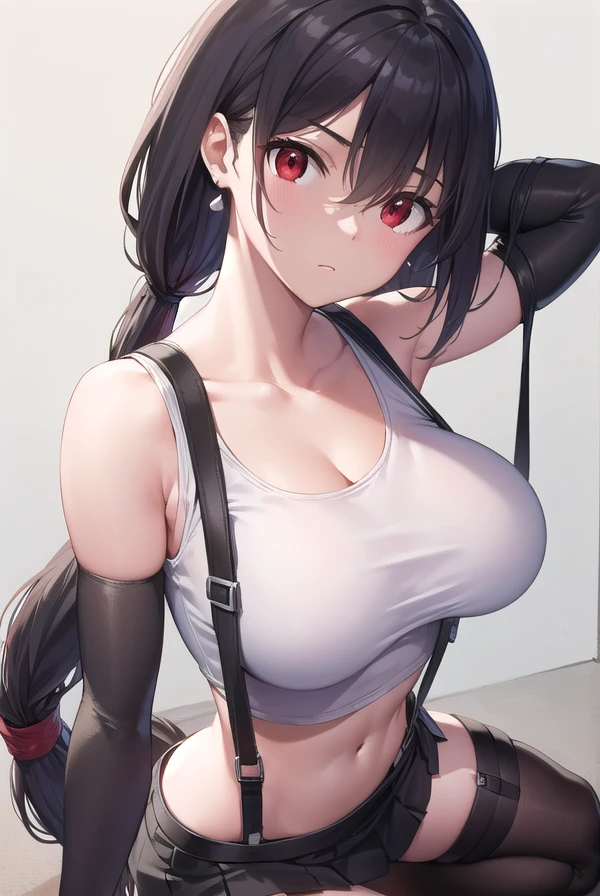 tifalockhart, <lora:tifalockhart-lora-nochekaiser:1>,
tifa lockhart, black hair, long hair, (low-tied long hair:1.5), (red eyes:1.5), swept bangs, single sidelock,
BREAK arm guards, bare shoulders,  black skirt, black sports bra, black thighhighs, collarbone, crop top, earrings, jewelry, midriff, navel, single earring, skirt, sports bra, suspender skirt, suspenders, tank top, teardrop earrings, thighhighs, (white tank top:1.5), zettai ryouiki,
BREAK looking at viewer, full body,
BREAK outdoors,
BREAK <lyco:GoodHands-beta2:1>, (masterpiece:1.2), best quality, high resolution, unity 8k wallpaper, (illustration:0.8), (beautiful detailed eyes:1.6), extremely detailed face, perfect lighting, extremely detailed CG, (perfect hands, perfect anatomy),