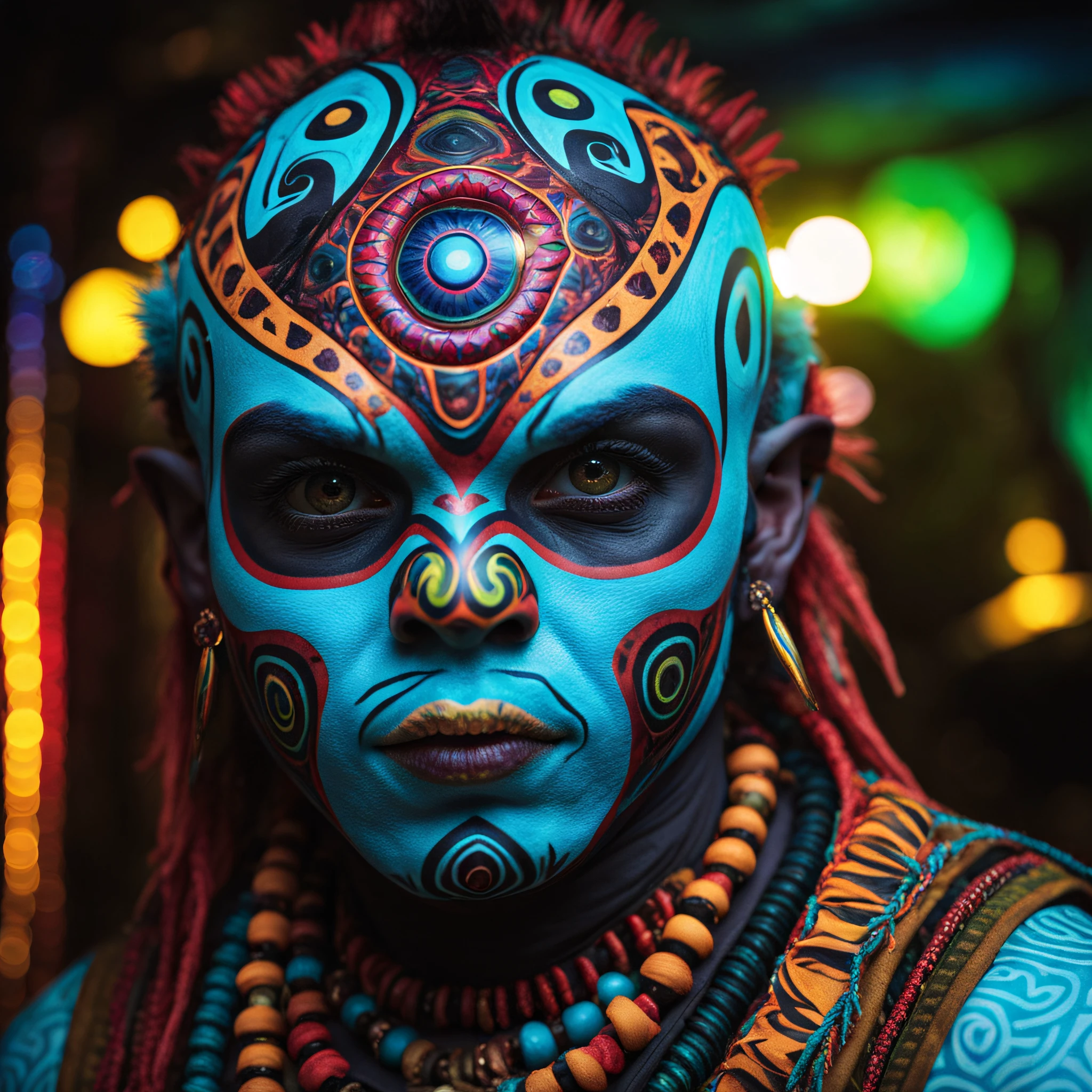 cinematic portrait of a crazy alien creature, tribal, facial paint  psychedelic kaleidoscope   cinematic lighting, imax, dslr