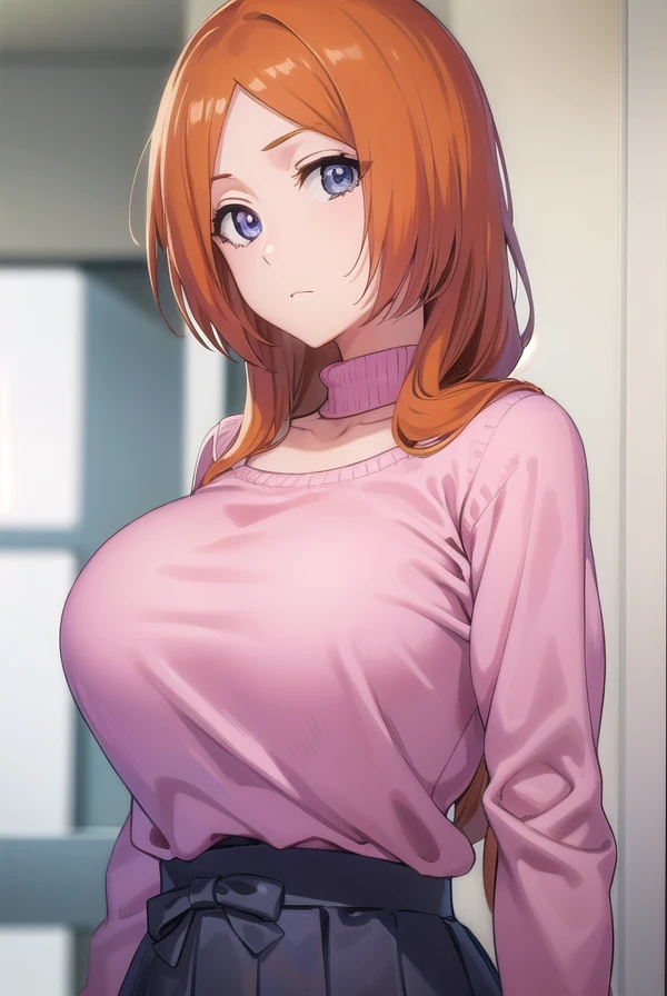 inoueorihime, <lora:originalinoueorihime-lora-nochekaiser:1>,
inoue orihime, long hair, orange hair, (grey eyes:1.5),
BREAK sweater, (pink sweater:1.5), long sleeves, puffy sleeves, skirt, blue skirt, long skirt,
BREAK looking at viewer, full body,
BREAK indoors, classroom,
BREAK <lyco:GoodHands-beta2:1>, (masterpiece:1.2), best quality, high resolution, unity 8k wallpaper, (illustration:0.8), (beautiful detailed eyes:1.6), extremely detailed face, perfect lighting, extremely detailed CG, (perfect hands, perfect anatomy),