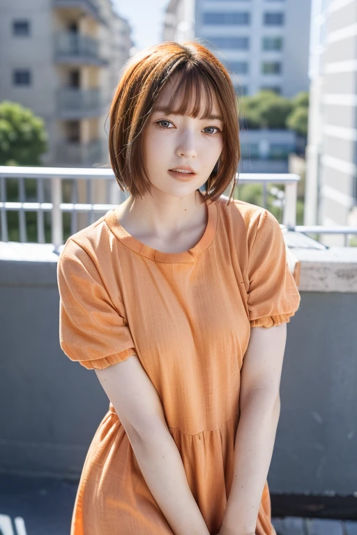 1girl (wearing a light orange casual dress:1.5),(in city at noon: 1.5)(RAW photo, best quality), (realistic, photo-realistic:1.4), masterpiece, an extremely delicate and beautiful, extremely detailed, 2k wallpaper, Amazing, finely detail, extremely detailed CG unity 8k wallpaper, ultra-detailed, highres, soft light, beautiful detailed girl, extremely detailed eyes and face, beautiful detailed nose, beautiful detailed eyes,perfect anatomy,soft light,slender body,(sun light),smiling,(close up:1.5),(bust-up shot:1.2),(look at viewer from front:1.2),cinematic angle,slender body,(wavy short hair),
<lora:izumifuuka_lora-03:0.8>