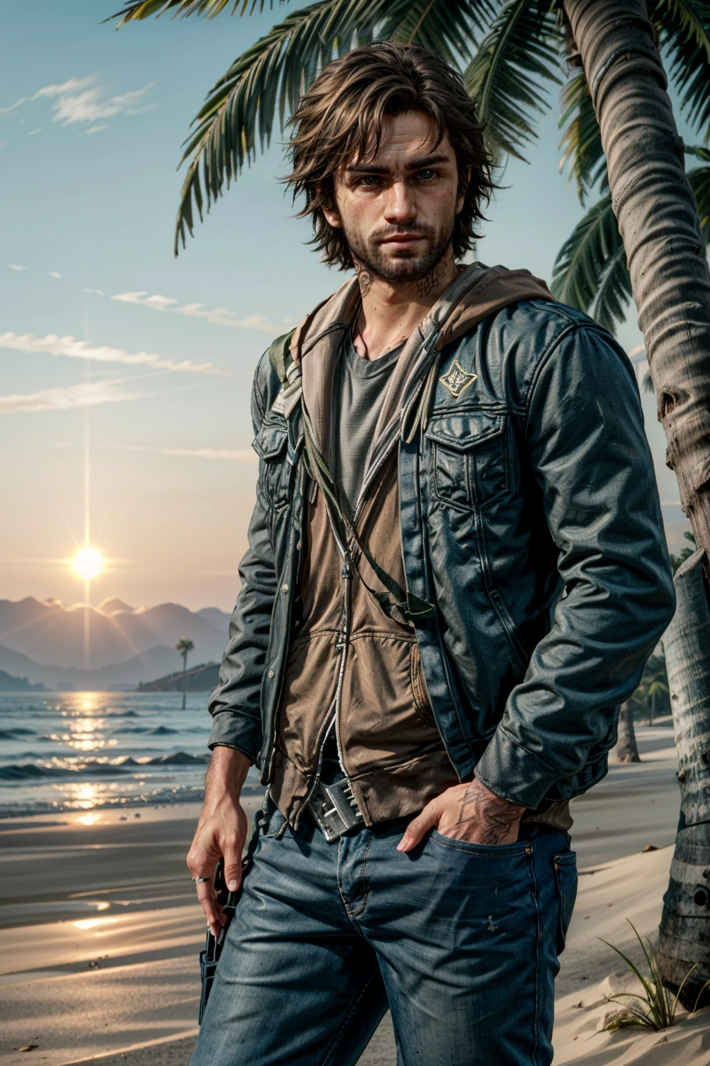 (masterpiece, best quality) <lora:epi_noiseoffset2:1> <lora:add_detail:0.8> <lora:DeekDG:0.8>
DeekDG, 1boy, solo, at the beach, casual clothing, palm trees, sundown