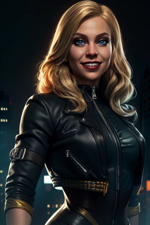 Dinah, blue eyes, blonde hair, 
black body suit, zipper, black cropped jacket, 
Gotham city, night,  bar, 
(insanely detailed, masterpiece, best quality),smile,   standing, upper body, 
solo, <lora:BlackC:0.7>