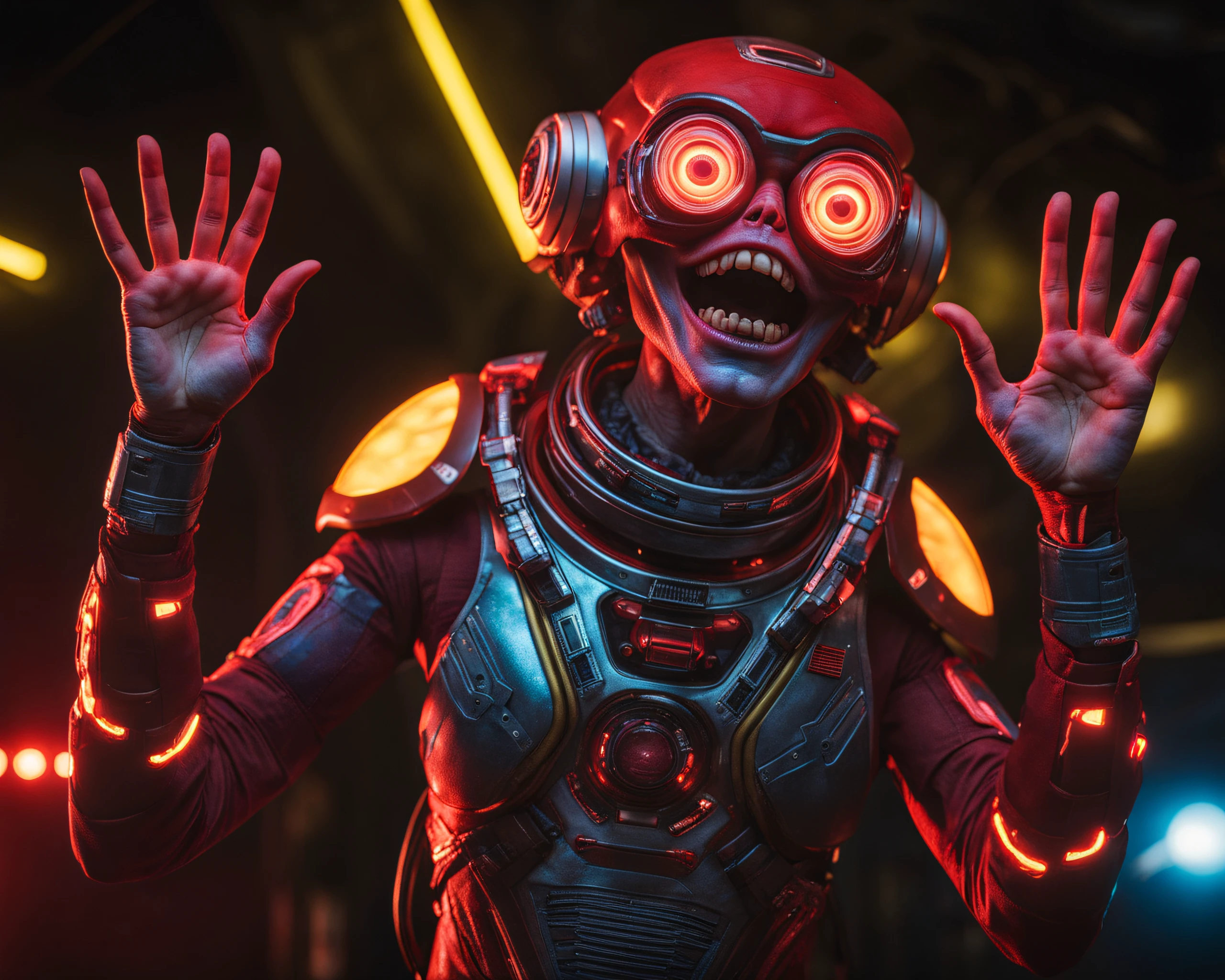 cinematic shot of an alien with red skin and yellow eyes, wearing a science fiction spacesuit, powerful pose, intimidating look, open mouth, teeth, drool, goo, hands up, colorful, neon cinematic lighting, imax, dslr