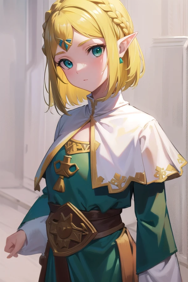 princesszelda, <lora:princesszelda-lora-nochekaiser:1>,
princess zelda, blonde hair, (green eyes:1.5), pointy ears, hair ornament, hairclip, parted bangs, short hair, crown braid,
BREAK braid, capelet, long sleeves, dress, blue dress, pants, black pants,
BREAK looking at viewer, full body,
BREAK outdoors,
BREAK <lyco:GoodHands-beta2:1>, (masterpiece:1.2), best quality, high resolution, unity 8k wallpaper, (illustration:0.8), (beautiful detailed eyes:1.6), extremely detailed face, perfect lighting, extremely detailed CG, (perfect hands, perfect anatomy),