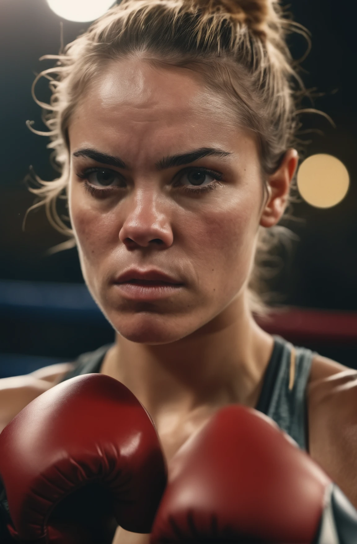 photograph close up portrait of Female boxer training, serious, stoic cinematic 4k epic detailed 4k epic detailed photograph shot on kodak detailed bokeh cinematic hbo dark moody