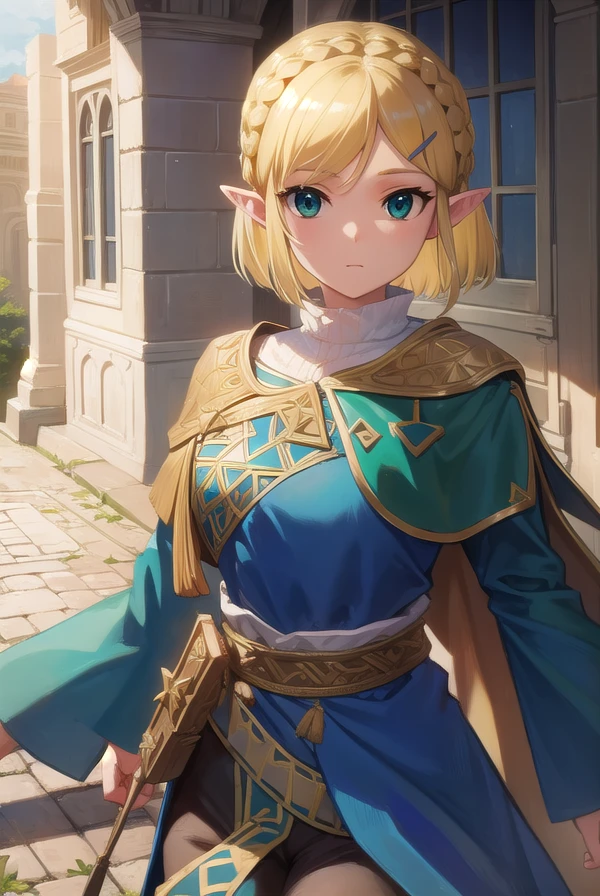princesszelda, <lora:princesszelda-lora-nochekaiser:1>,
princess zelda, blonde hair, (green eyes:1.5), pointy ears, hair ornament, hairclip, parted bangs, short hair, crown braid,
BREAK braid, capelet, long sleeves, dress, blue dress, pants, black pants,
BREAK looking at viewer, full body,
BREAK outdoors,
BREAK <lyco:GoodHands-beta2:1>, (masterpiece:1.2), best quality, high resolution, unity 8k wallpaper, (illustration:0.8), (beautiful detailed eyes:1.6), extremely detailed face, perfect lighting, extremely detailed CG, (perfect hands, perfect anatomy),