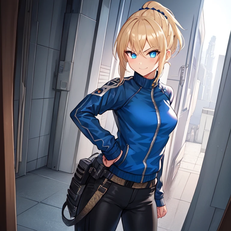 {1girl}, determined, biker jacket, casual pants,  masterpiece, smirking, perfect detailed on hands, illustration, beautiful-detailed eyes,  {{cinematic light}}, ultra detailed, {medium hair},  {katana}, hallway, small breasts, blonde hair with highlights, futuristic city, industrial, monitors, open area,}}} from front, eye focus, determined, determined look, {glowing blue eyes}, braided ponytail,