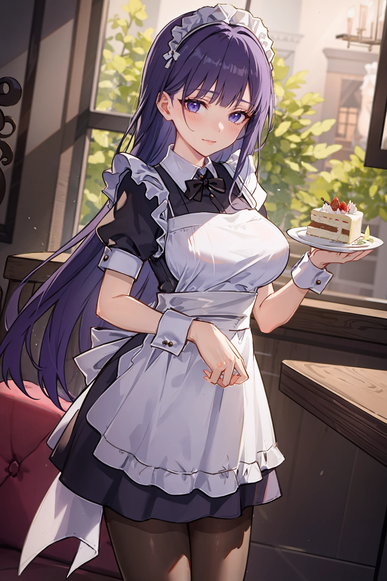 1girl, raiden mei, <lora:Char_Honkai_Raiden_Mei_adult:0.7>, maid, maid headdress, maid apron, pantyhose, light smile, cowboy shot, restaurant, holding cake, indoors,  <lora:maid_cosplay:0.5>