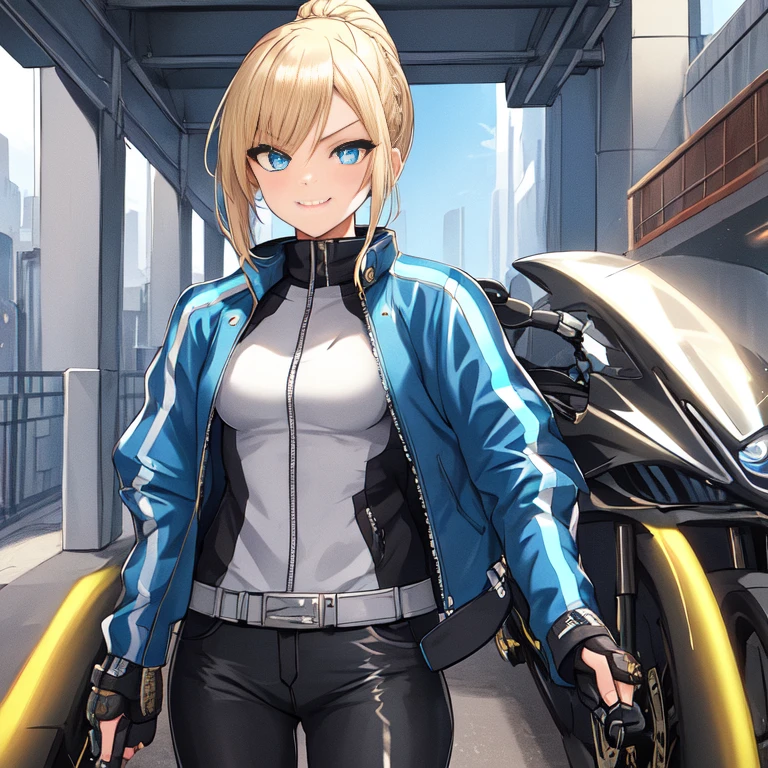 {1girl}, determined, biker jacket, casual pants, masterpiece, smirking, perfect detailed on hands, illustration, beautiful-detailed eyes, {{cinematic light}}, ultra detailed, {medium hair}, {katana}, hallway, small breasts, blonde hair with highlights, futuristic city, industrial, monitors, open area,}}} from front, eye focus, determined, determined look, {glowing blue eyes}, braided ponytail,